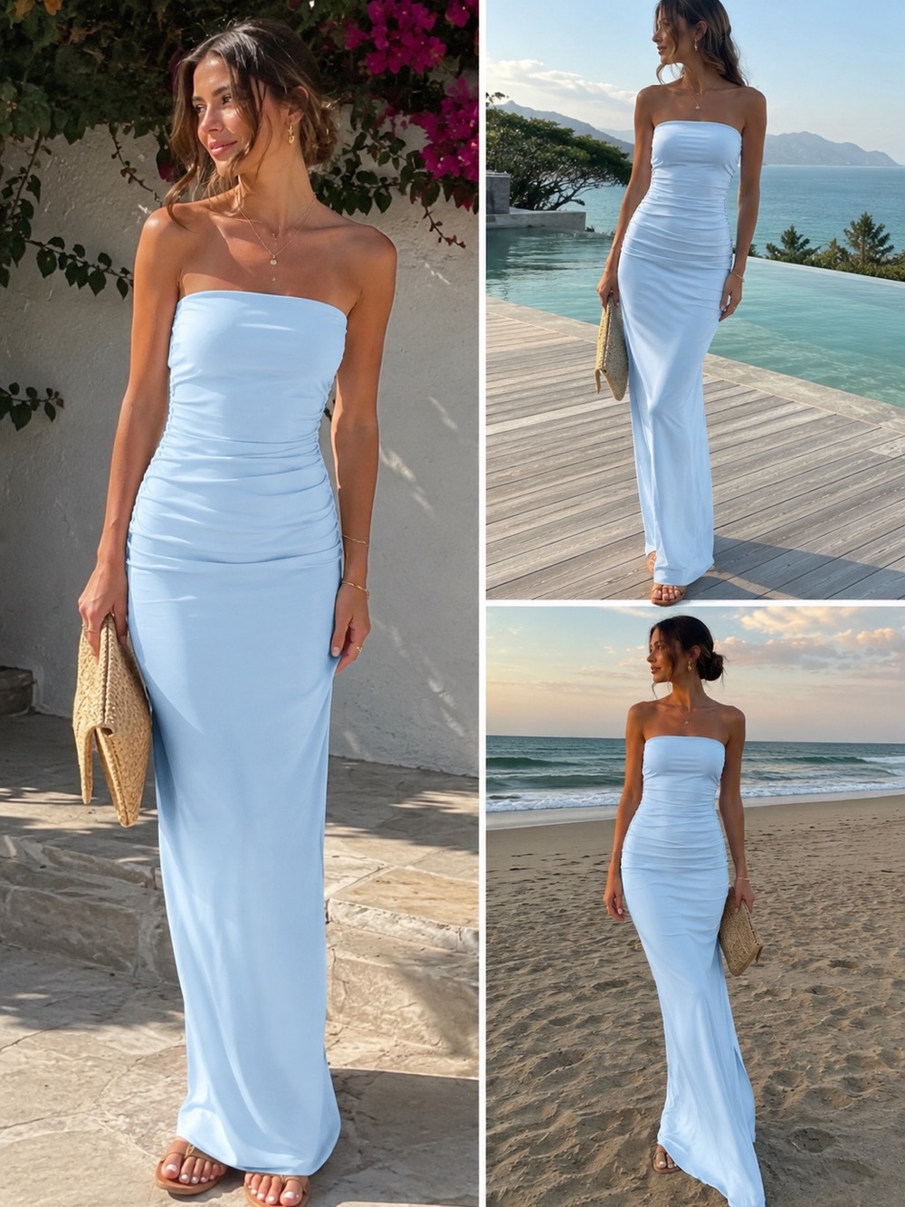 Club L London Baby Blue Strapless Ruched Maxi Dress Side Slit US 12 UK 16 - Picture 2 of 16